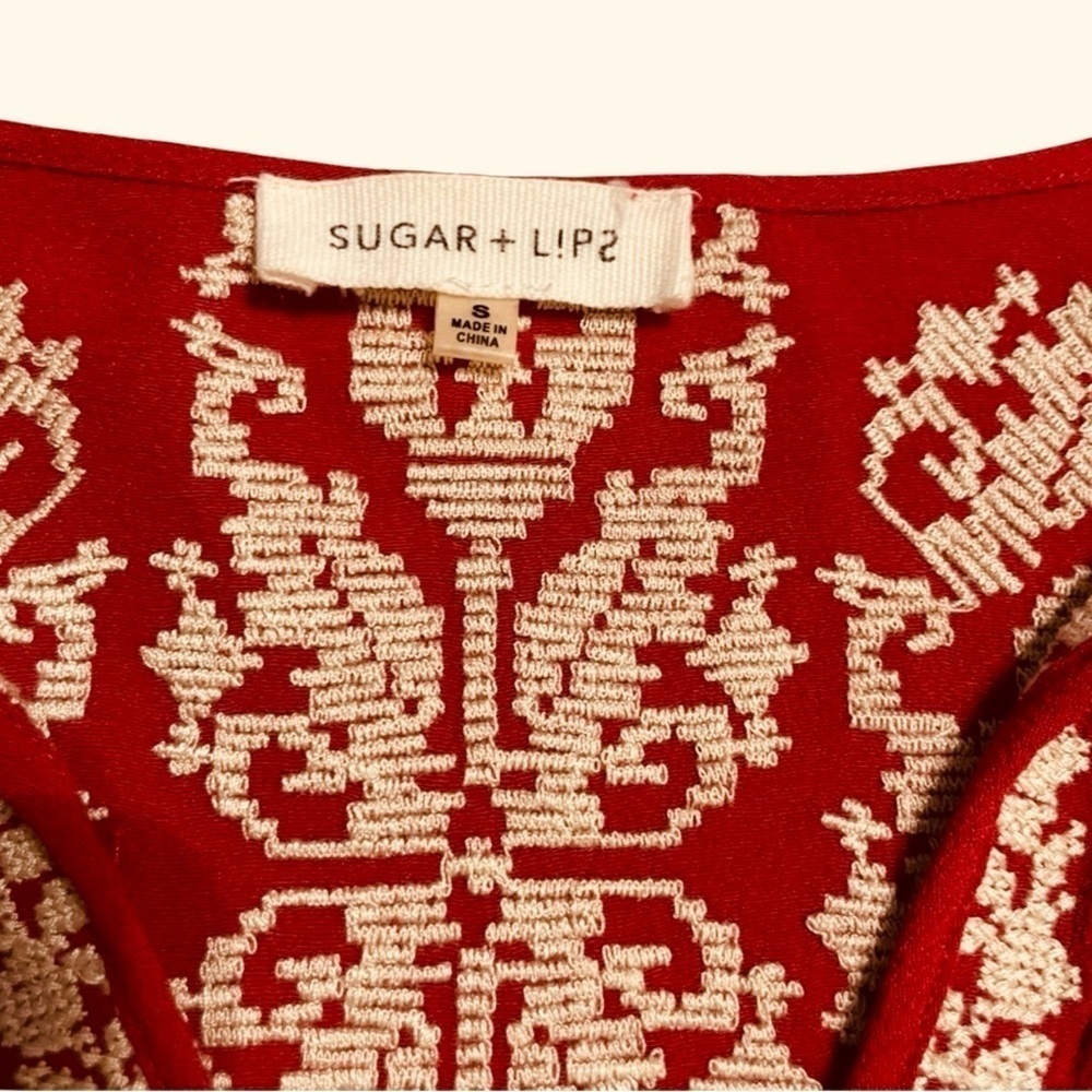Sugar Lips Red Embroidered Boho Peasant Blouse Tassel Tie Long Sleeve Small - Picture 8 of 12